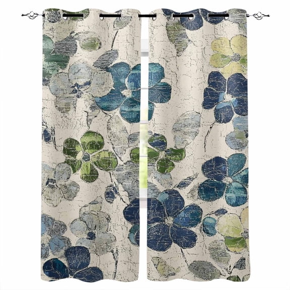 Teal Green Grey Leaves Blackout Curtains for Bedroom/Living Room, Thermal Insulated Kitchen Curtains, Vintage Beige Crack Texture Grommet Darkening Window Treatment Drapes 27.5"x39"x2