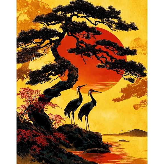 DIY Paint by Numbers Kit for Adults - Pine and Crane on Canvas 40x50 cm with Brush and Acrylic Paints Home Decor
