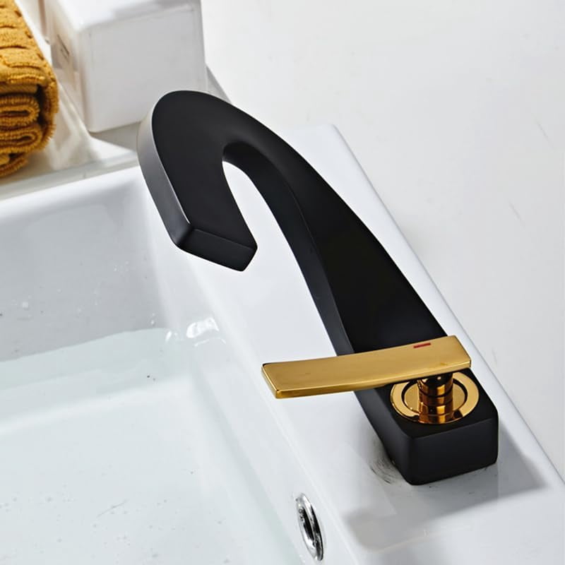 SOKNARKU Modern Bathroom Sink Basin Faucet Brass Single Hole Single Handle Deck Mount Cold And Hot Mixed Creative Design Tap Including Two US Standard 3/8 Hoses Black Gold