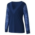 thumbnail image 5 of XFLWAM Women's V Neck Crochet Lace Trim Tunic Tops Sheer Mesh Lace Long Sleeve Casual Loose Blouses Navy Blue S, 5 of 5
