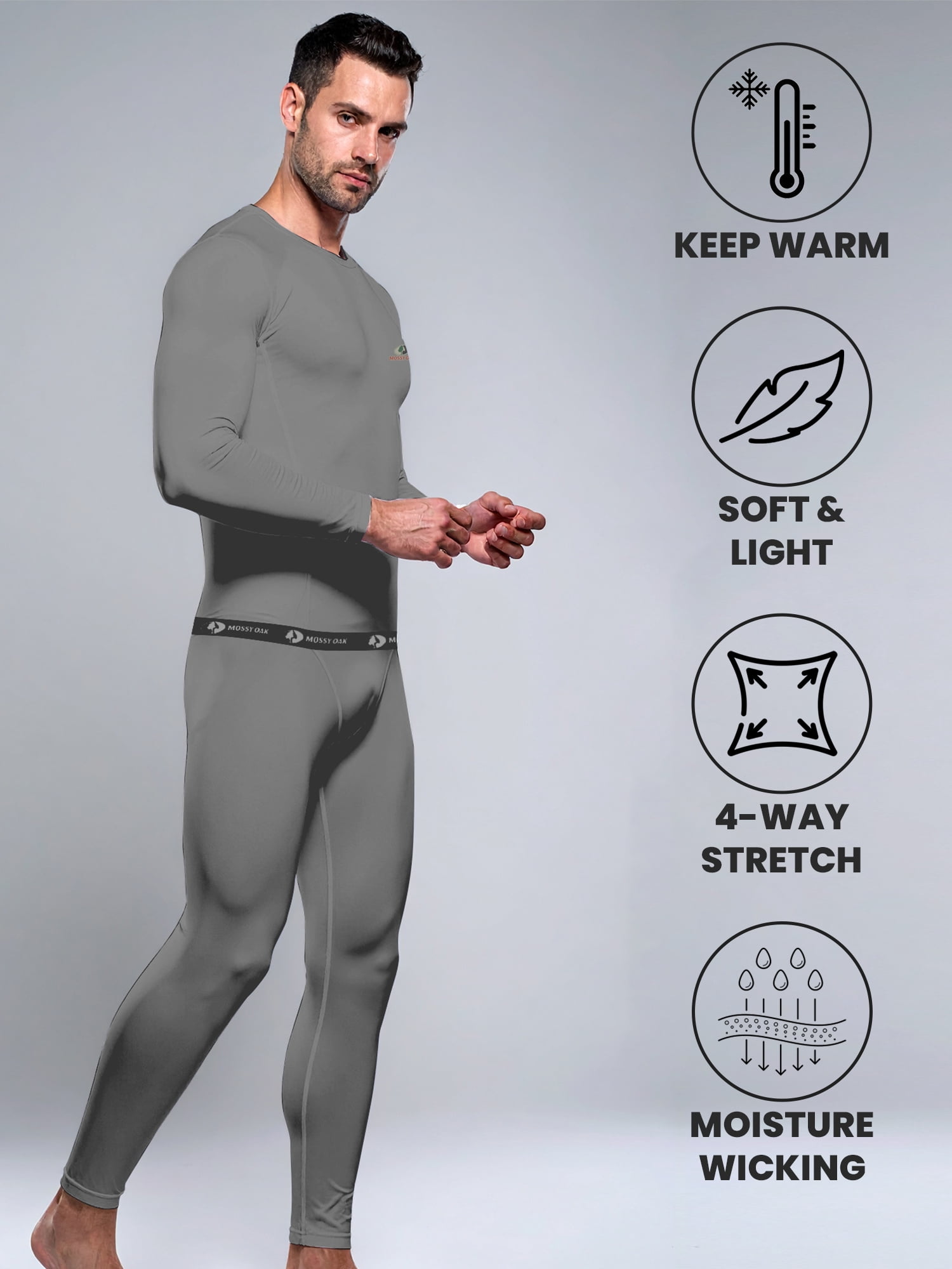 Mossy Oak Men’s Base Layers Set Compression Pants & Shirt Thermal Wear for Men, Grey Melange Small