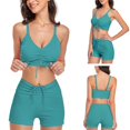 thumbnail image 2 of Bañador acanalado de una pieza para mujer, traje de baño de cintura alta con aros y cuello en V profundo, color sólido, rosa y negro, sin espalda, 2 of 5