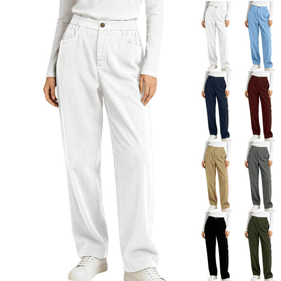 Sunnin Womens Relaxed Corduroy Pants with Pockets Button Elastic Waist Straight Wide Leg Lounge Trousers