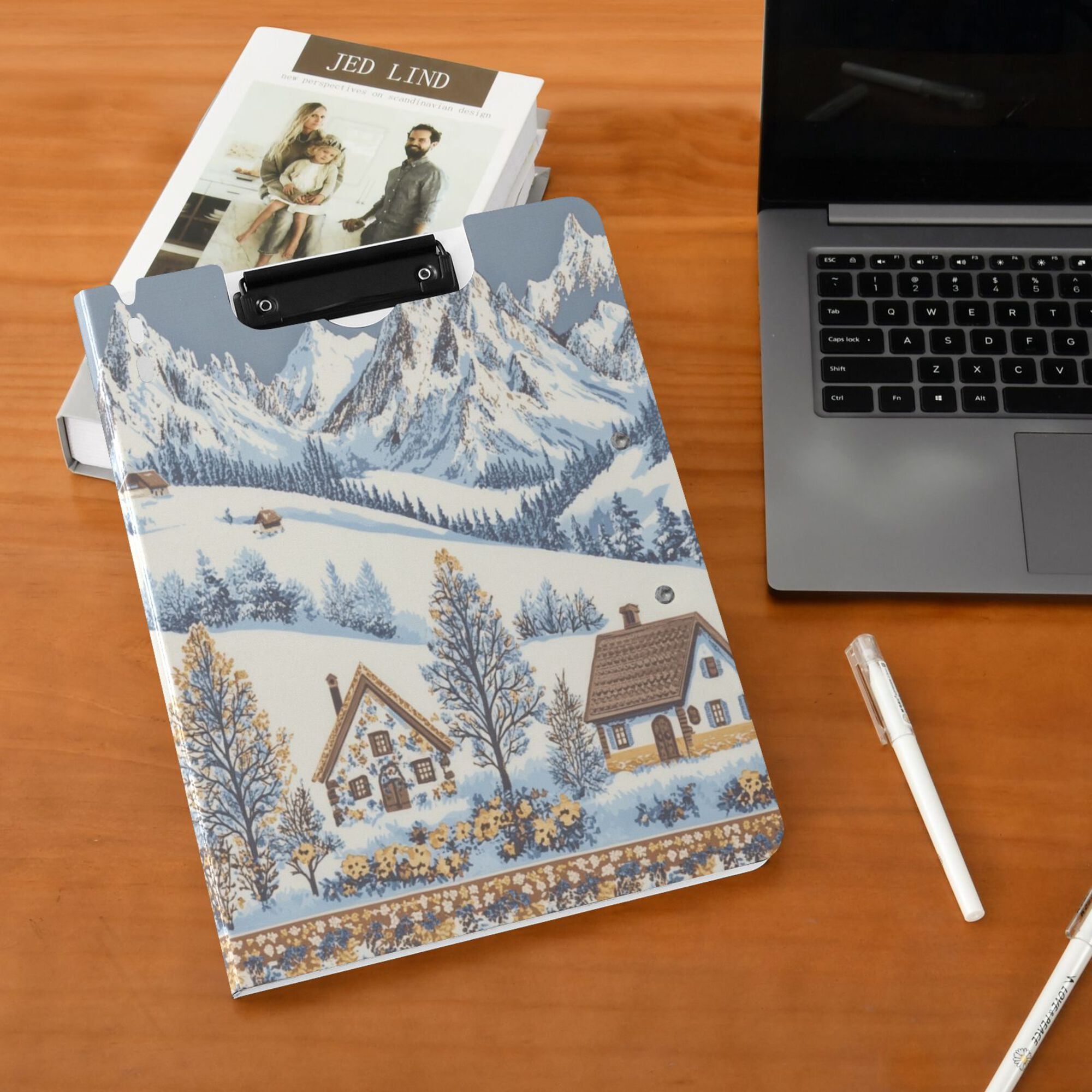 FORMRS A4 Clipboard Folder with Pen Holder Horizontal Foldable School Office Binder, Blue Snowy Mountain