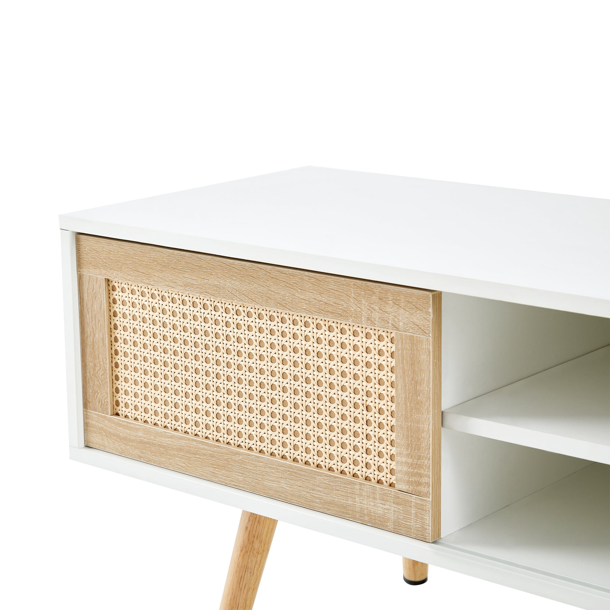 Leumius Modern Coffee Table with Storage,55 Inch Rectangle Wooden Accent Center Tables with Sliding PE Rattan Woven Door Panel and Solid Wood Legs, Suitable for Living Room, Apartment,White