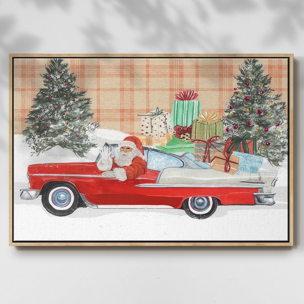 Santa on Wheels II - Framed Gallery Wrapped Holiday Canvas - 17 x 25 - Natural Wood Frame