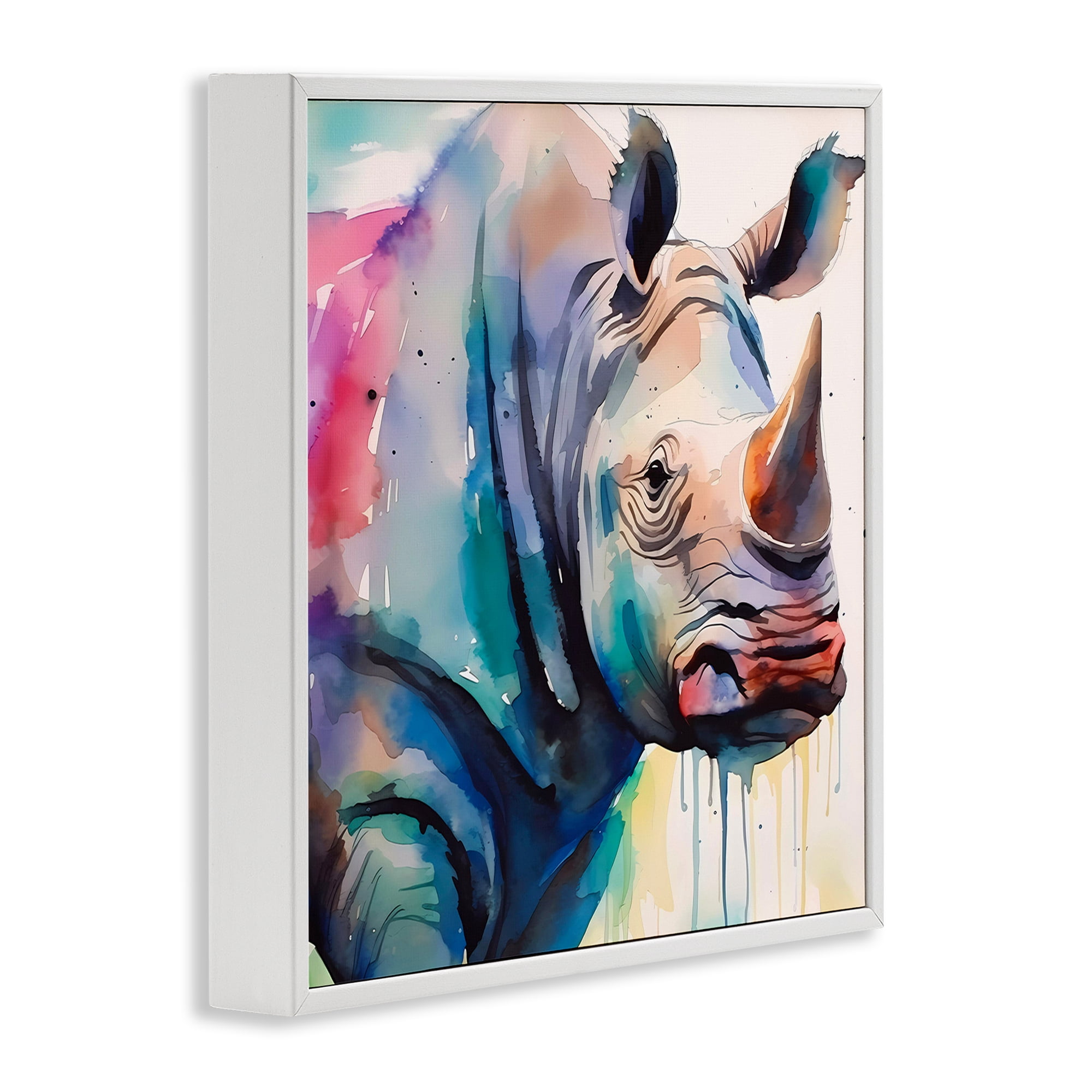 Stupell Industries Paint Drip Rhinoceros Animals & Insects Painting White Framed Art Print Wall Art, 12 x 12