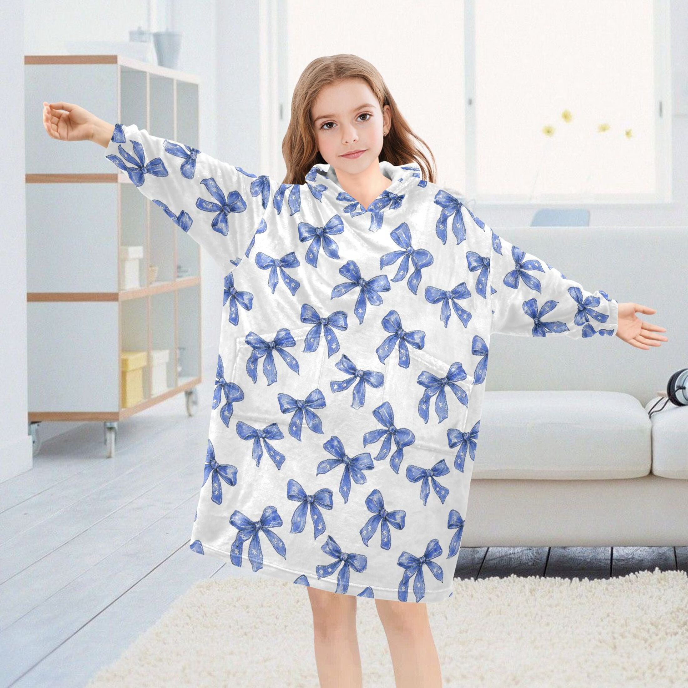 Wearable Blanket Hoodie for Kids Blue Bow Art Flannel Hooded Blanket with Pockets and Sleeves Suitable for Boys and Girls