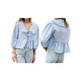 thumbnail image 3 of Aojekbee Women's Summer Sweet Shirt Plaid Print Lantern Long Sleeve Doll Collar Bow Tie-Up Front Loose Peplum Tops, 3 of 10
