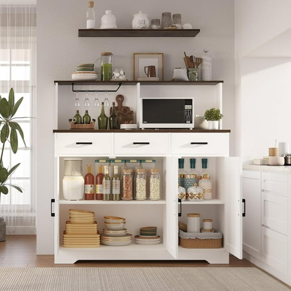 YUSAZENS Microwave Cabinet with Three Drawers, Double-Sided Modern Kitchen Furniture, Kitchen Storage Cabinet with Drawers and Doors,Microwave Storage Cabinet,Multi-Door Microwave Stand, White