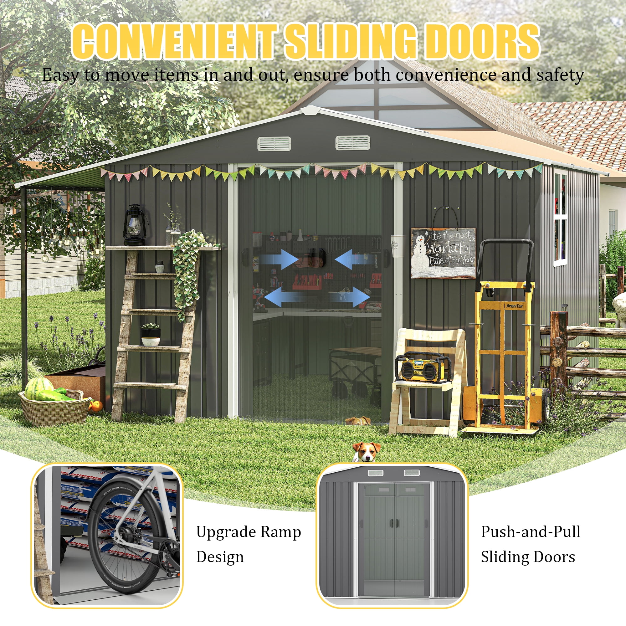 10x12 FT Outdoor Storage Shed - Extra Large Metal Shed with Dual-Zone Design, Sliding Doors & Ramp, Lockable Steel Tiny House for Garden/Backyard, Firewood Storage & Chicken Coops (Dark Gray)