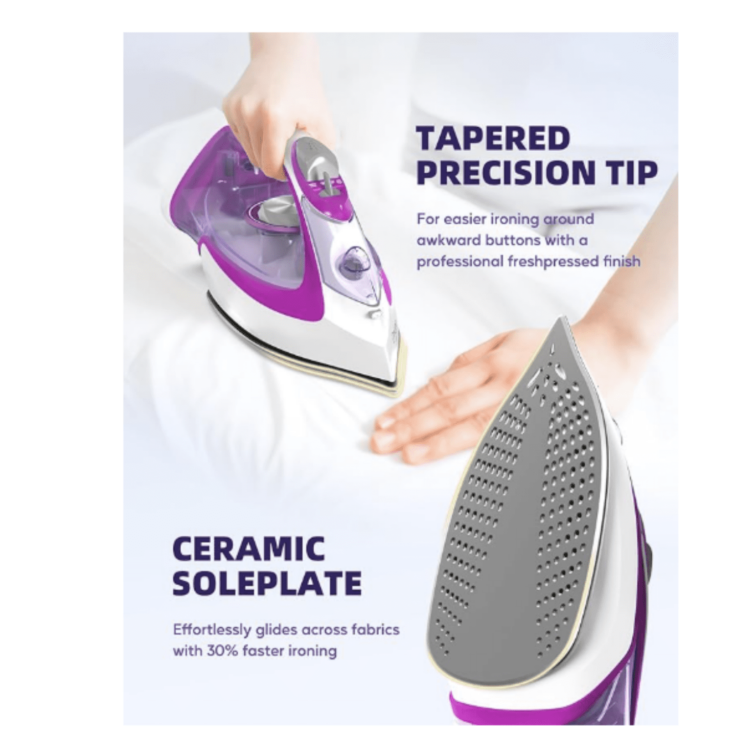 Steam Iron for Clothes, 1750W Iron with Rapid Heating, Non-Stick Ceramic Soleplate, Powerful Steam, Self-Cleaning, Auto-Off, Anti-Drip, 15.21oz Water Tank Ironing Clothes for Home, Purple