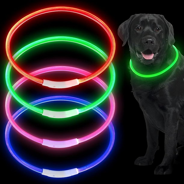 4 Piezas Luces para Perros para Caminar Nocturno, Collares para Perros Iluminados, Collar para Mascotas LED Impermeable Ajustable Recargable por USB, Collar para Perros Iluminado de Segurida