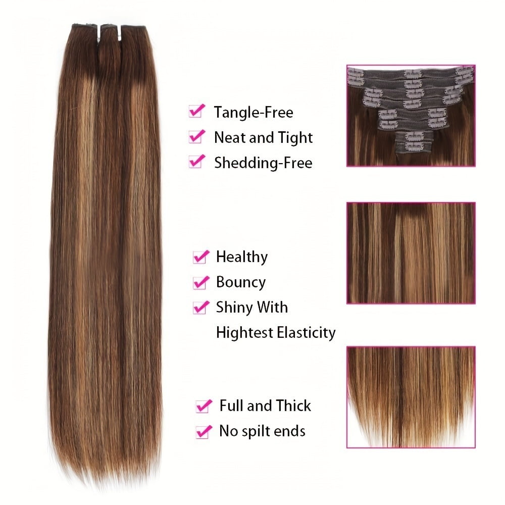 Clip In Hair Extensions Remy Human Hair 16-26 Inch #P4/27 Medium Brown Mixed Dark Blonde Clip In Silk Stright Remy Hair Extensions 120g 8Pcs