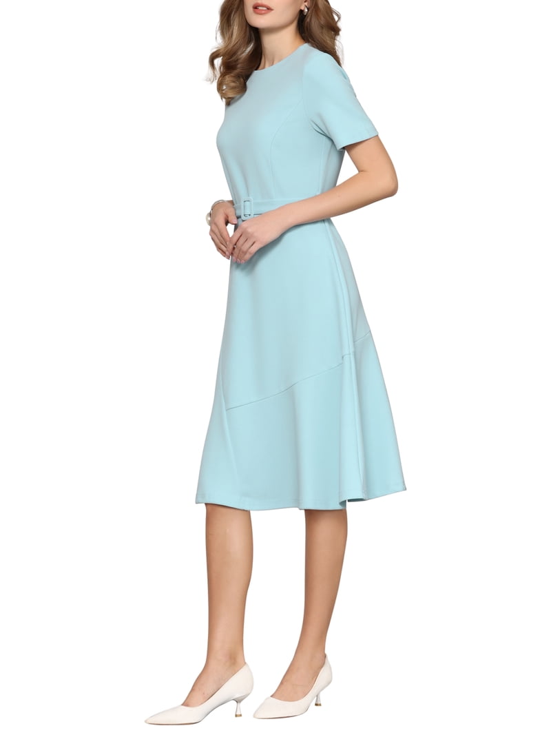 Inspire Chic Women's A Line Work Dress Short Sleeve Crew Neck Ruffle Flare Dresses with Belted S Light Blue Inspire Chic Women's A Line Work Dress Short Sleeve Crew Neck Ruffle Flare Dresses with Belted S Light Blue