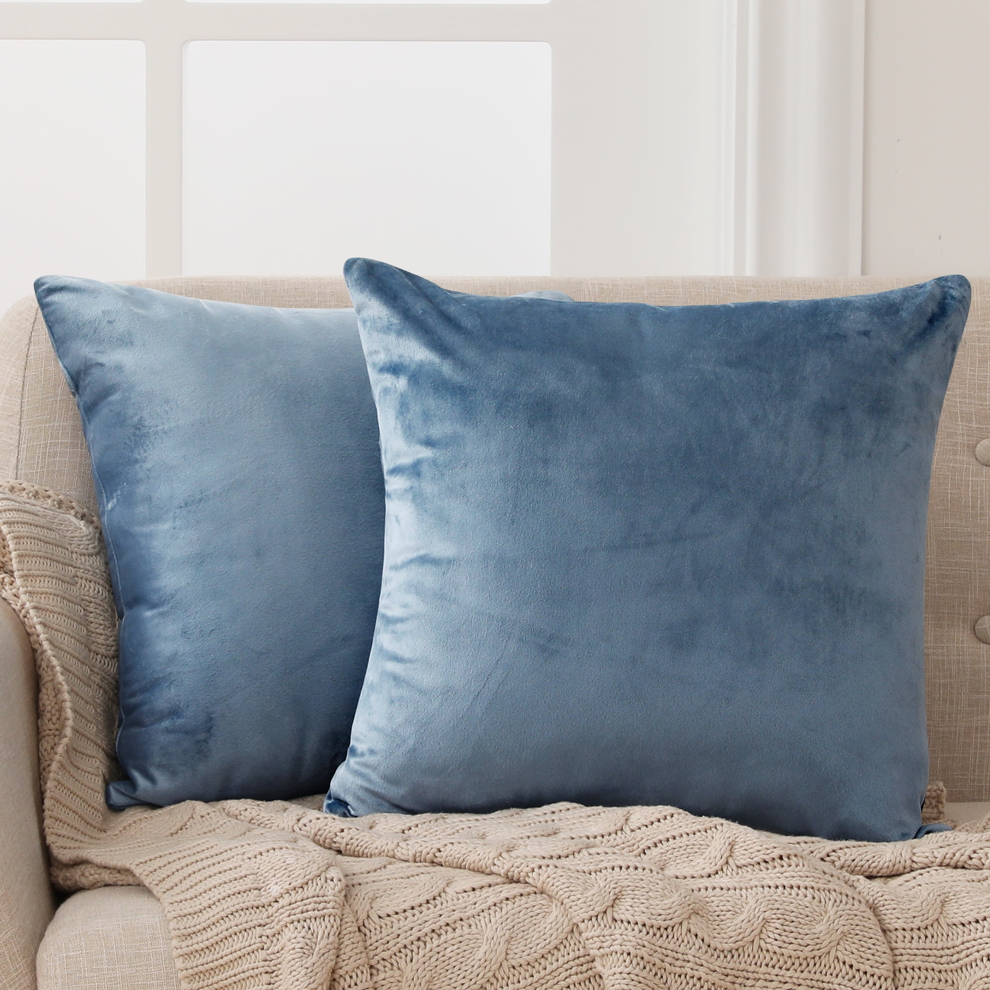 2 Pack Original Striped Velvet Square Decorative Pillow Cases for Farmhouse Couch DEZENE 16x16 Blue Throw Pillow Covers