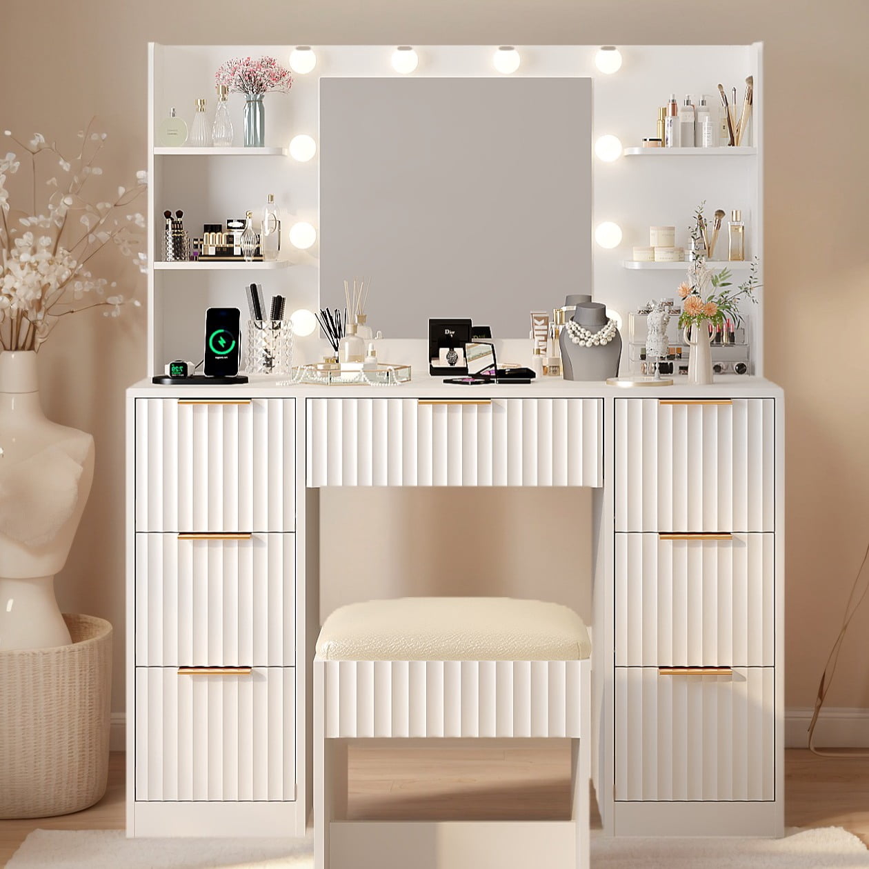 Zimtown Lighted Makeup Vanity Desk with Mirror and Charging Station, Vanity Table with 7 Drawers & 4 Storage Shelves for Dressing Room Bedroom, White