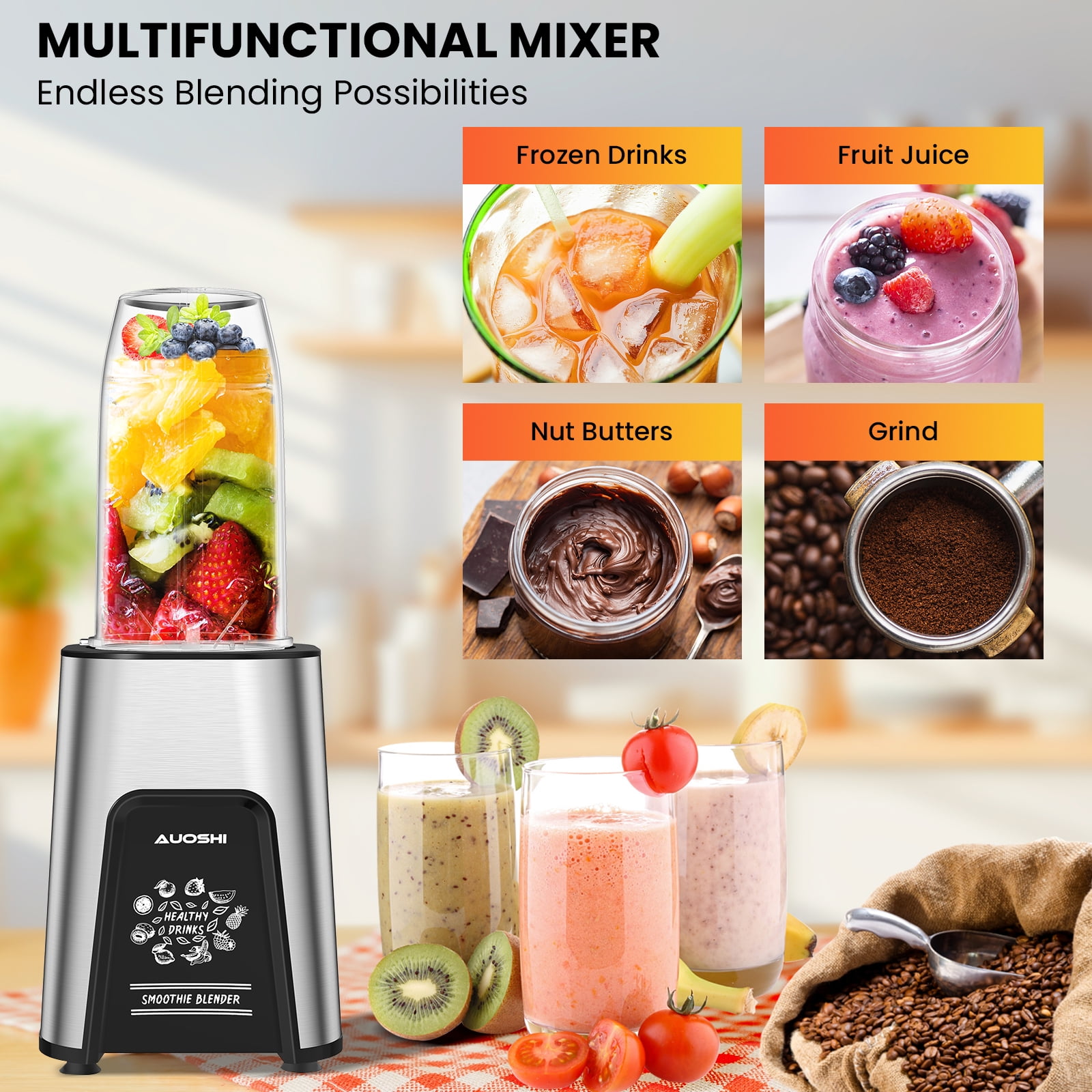 AUOSHI 900W Personal Blender for Shakes and Smoothies Blenders for Kitchen  Smoothie Maker with 6 Fins Blades Frozen Drinks Mixer with 2*23 oz To-Go