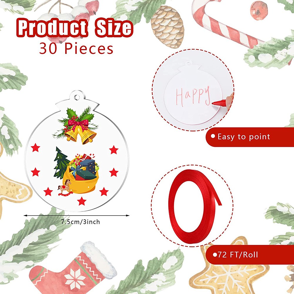 Home Decor 30Pcs Clear Acrylic Round Diy Craft Christmas Tree Decor Pendant Set with Ribbon