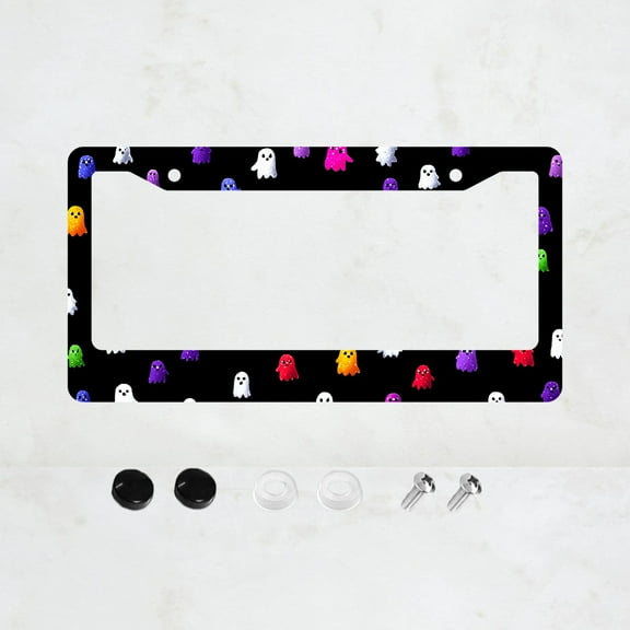 1pc Black Colorful Ghost Pattern 2 Hole License Plate Frame Aluminum Material 6x12 Inches with Screw Set Funny Cartoon Car Decoration Gift US Standard Size Universal Fit for American Vehicle Plates