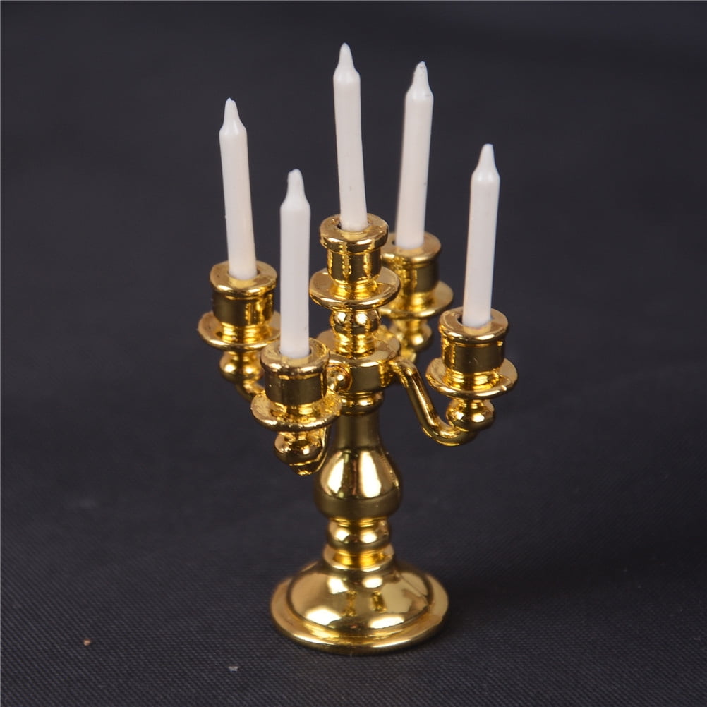 1/12 Scale Miniature Gold Candelabra 5 White Candles Dollhouse Kitchen toy#0 