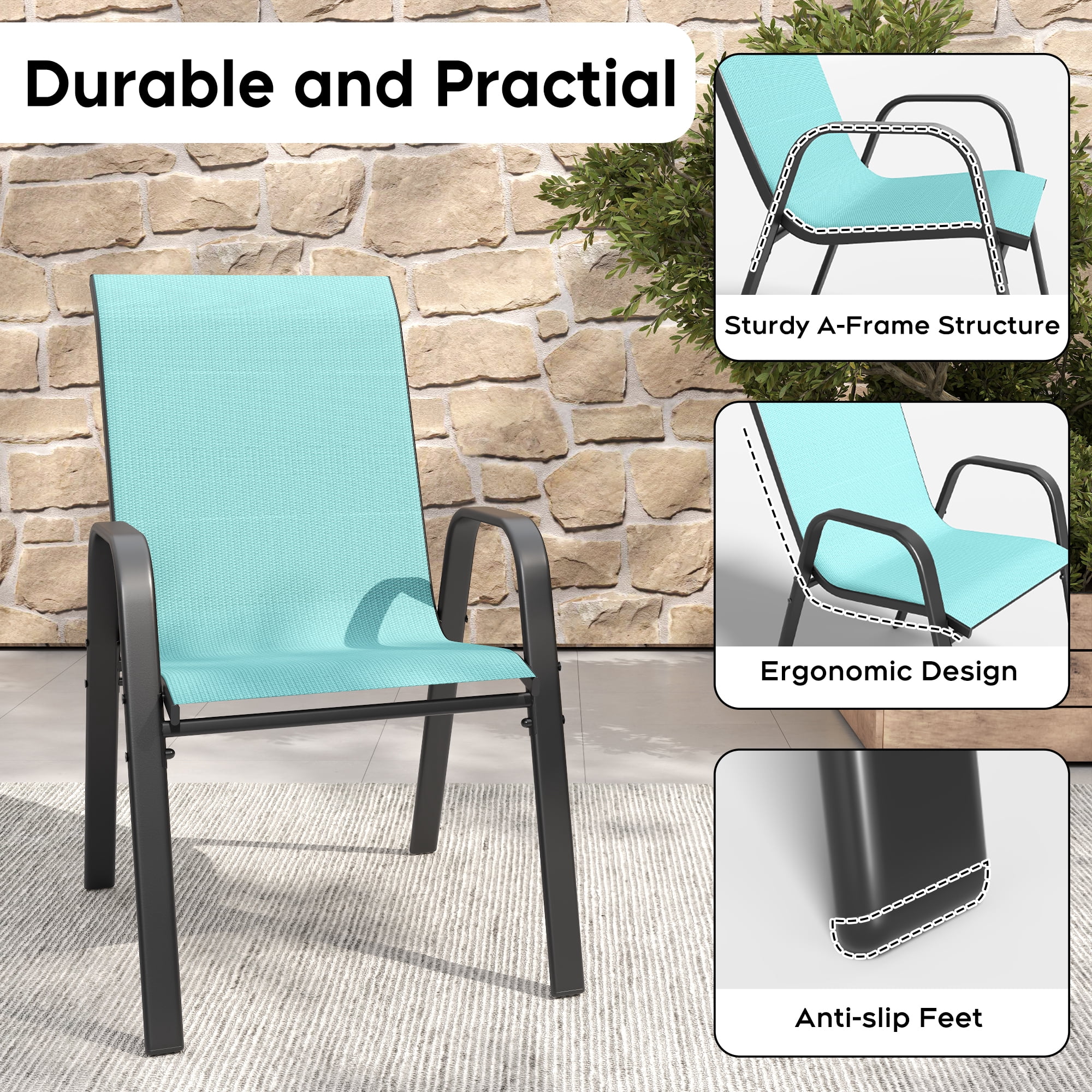 6-Piece Outdoor Dining Chair Set with Wide Ergonomic Seat, 350 lb Capacity per Chair Heavy Duty Metal Frame, Waterproof Teslin Fabric for Patio Garden Backyard, Sky Blue