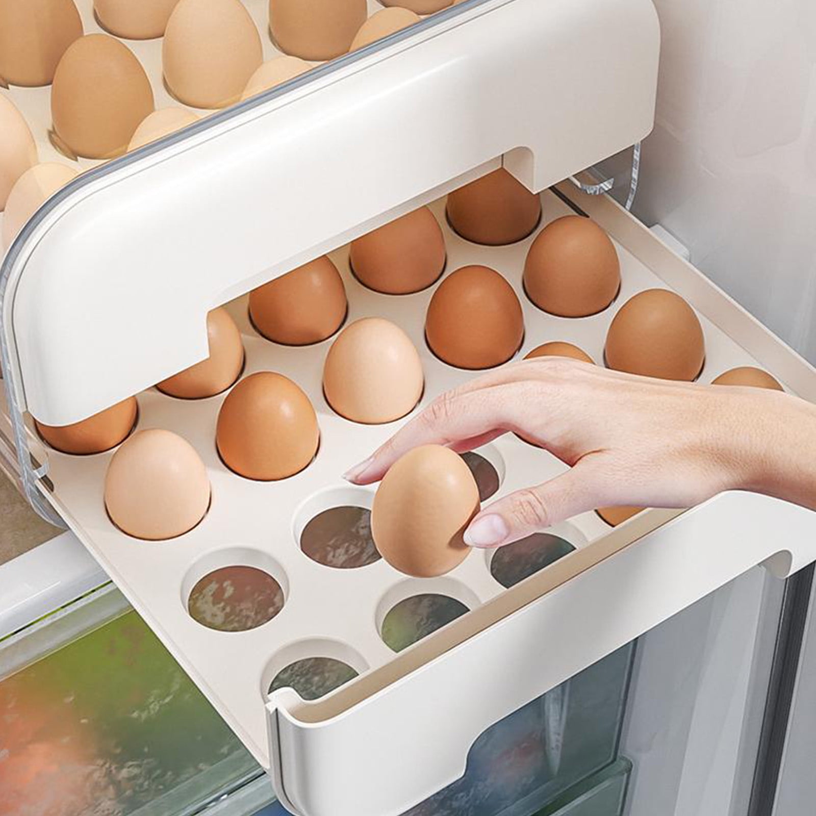 Tgbvmt Refrigerator Egg Storage Box 13.20In Double Layer Pull Out Drawer Transparent Visible Anti Roll Bottom Vented Fresh Keeping for Fridge Kitchen Cabinet Party Favors Decor Egg Storage Organizer