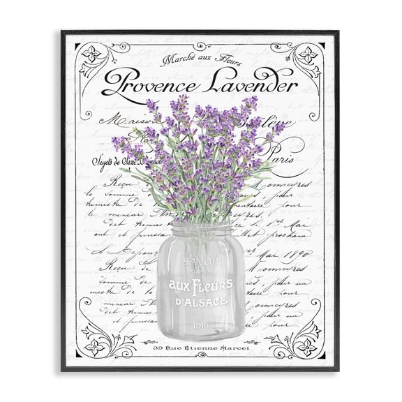 Stupell Industries Lavender Sprigs Bouquet Ornate French Script Motif Graphic Art Black Framed Art Print Wall Art, Design by Lettered and Lined