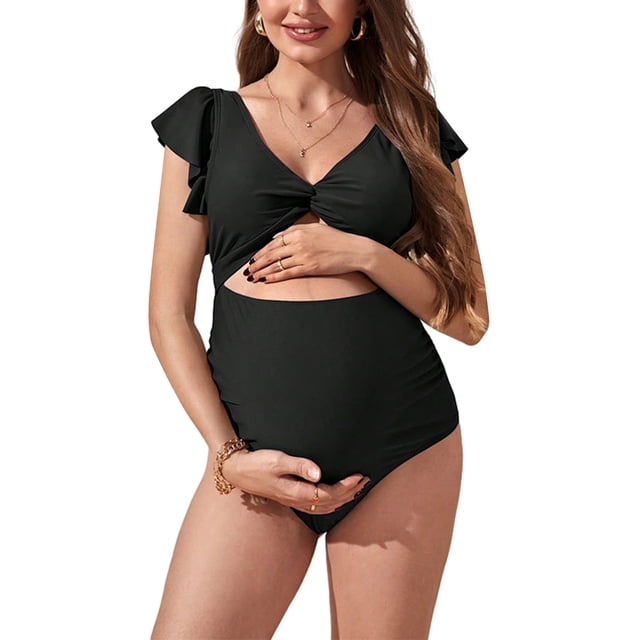 FOCUSNORM Women Swimsuit Maternity Rompers Swimwear Solid Color Ruffles Fly Sleeve V-Neck Backless Pregnancy Bathing Suit
