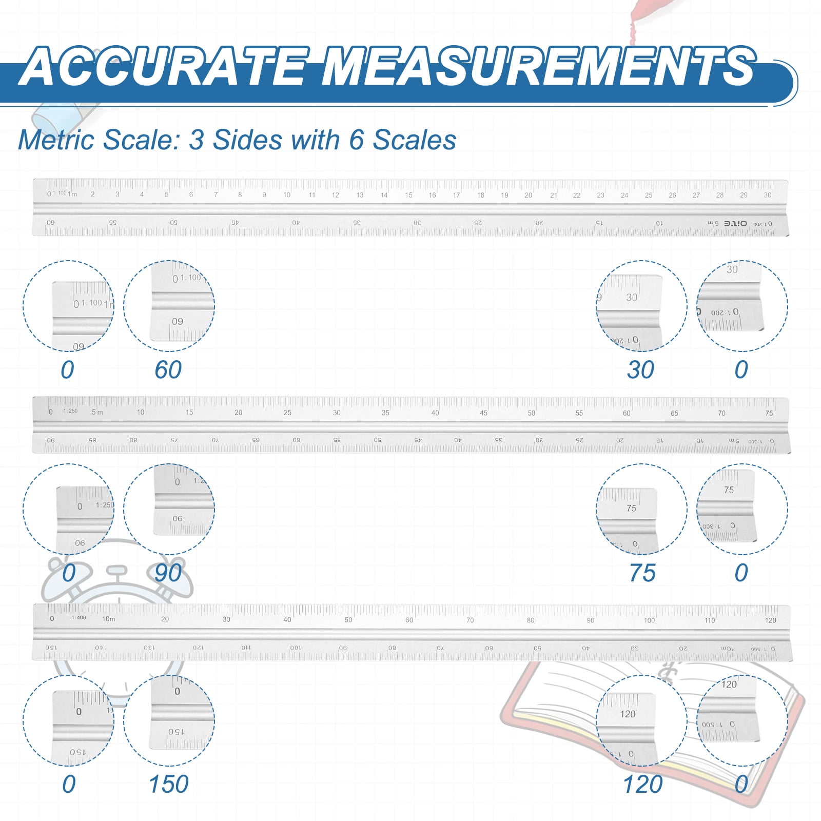 Uxcell 2Pcs Metric Engineer Scale Ruler, (13 Inch, Silver) Architectural Scale Ruler Aluminum Triangular Civil Drafting Tool for Architect Blueprint Engineering Office Supplies