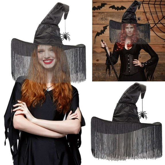Deago Halloween Witch Hats with Tassel Veils Black Large Ruched Witch Hat Women Costume Accessory for Halloween Cosplay Party
