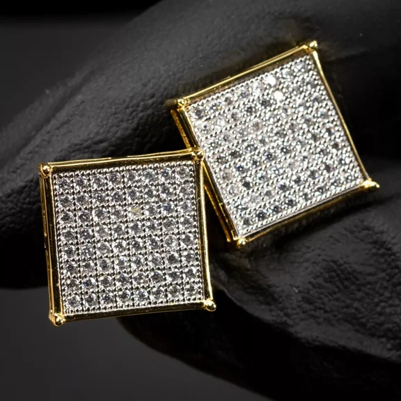 Men's Round Cut Lab Created Diamond Square Stud Earrings 14k Yellow Gold Plated