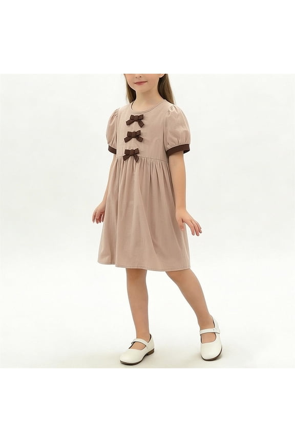 Girl's Short Sleeve Bow Dresses Bubble Sleeve Color Blocking Summer Cotton Kids Dress Casual Daily Wear Khaki-A