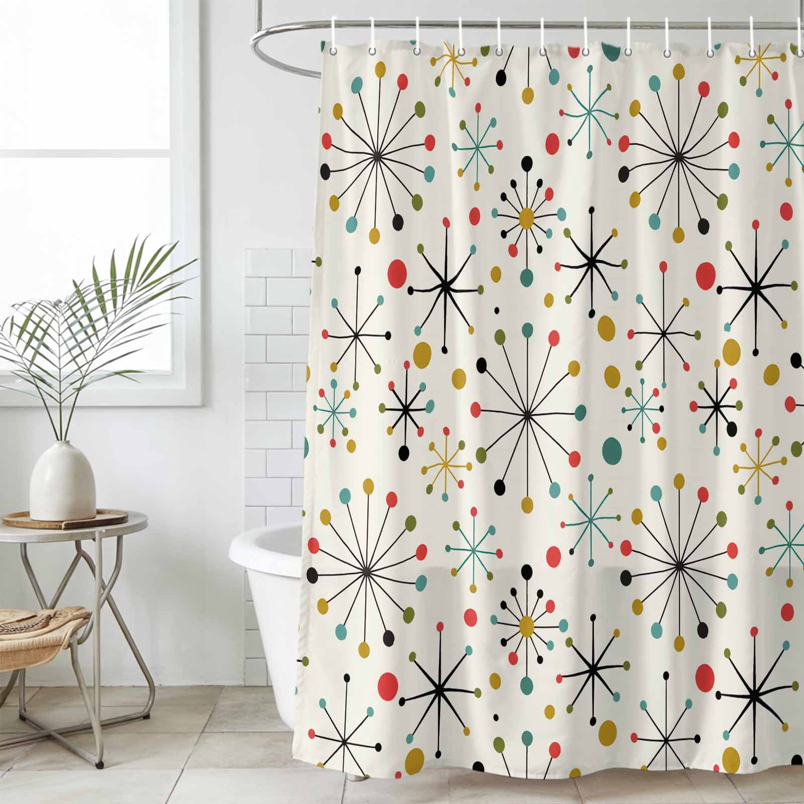Shower Curtain Bathroom Set Mid Century Abstract Geometric Waterproof Fabric Shower Curtains with Grommets&Hooks, Modern Colorful Atomic Privacy Bath Curtain for Bathtub 72x84in