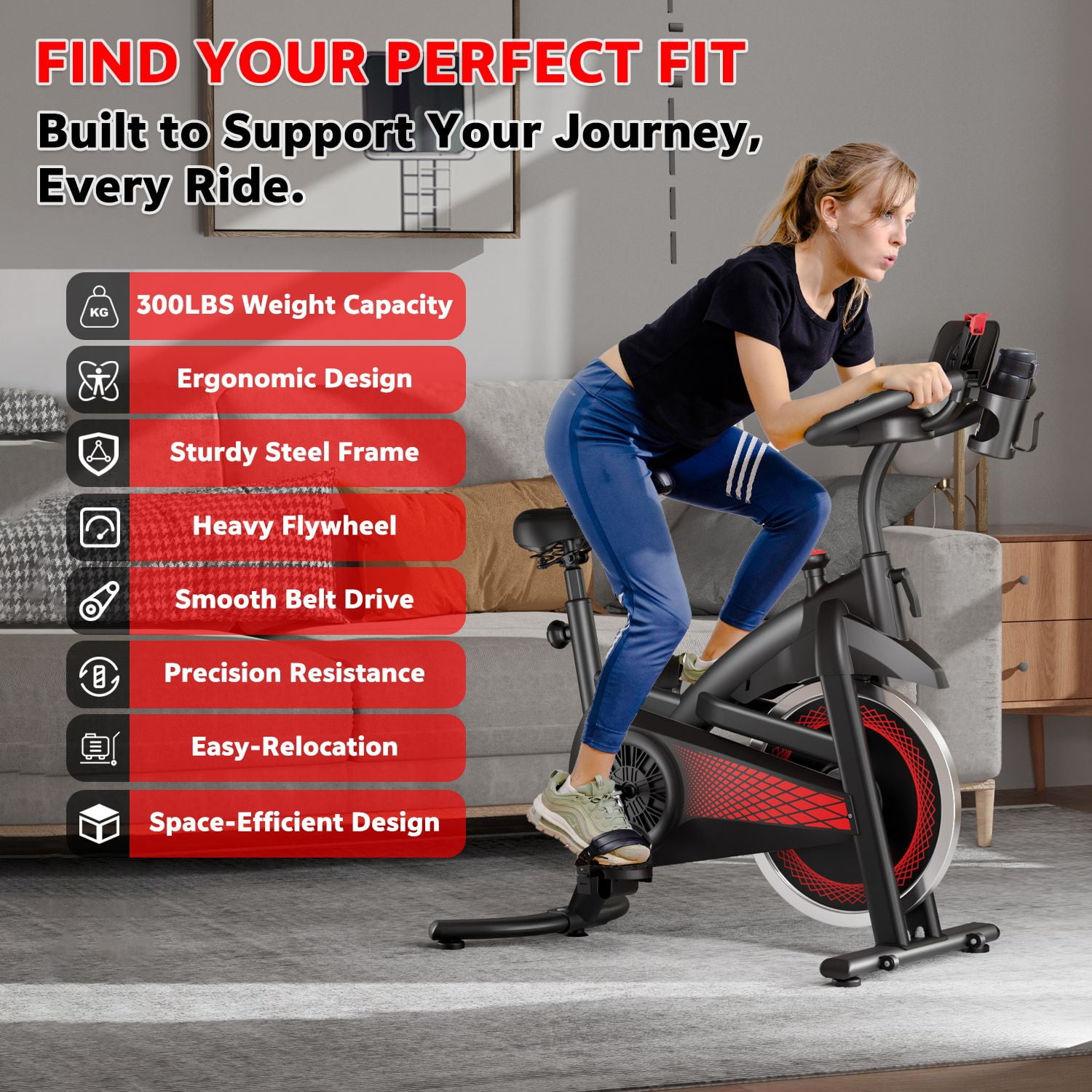 Exercise Bike Indoor Stationary Bike Cycling Bicycle for Home Gym 300 lbs Weight Capacity Adjustable Seat/Handlebar for Cardio Workout Office