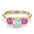 thumbnail image 3 of Gem Stone King 18K Yellow Gold Plated Silver Sky Blue Aquamarine and Pink Created Sapphire Engagement Ring for Women | 1.85 Cttw | Round 6MM | Gemstone March Birthstone | Size 5, 3 of 6