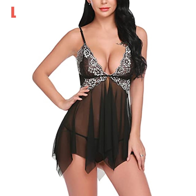 Camisón de perspectiva de vestido de ropa de dormir de encaje floral sexy para mujer, negro, L Methold XX000215-11