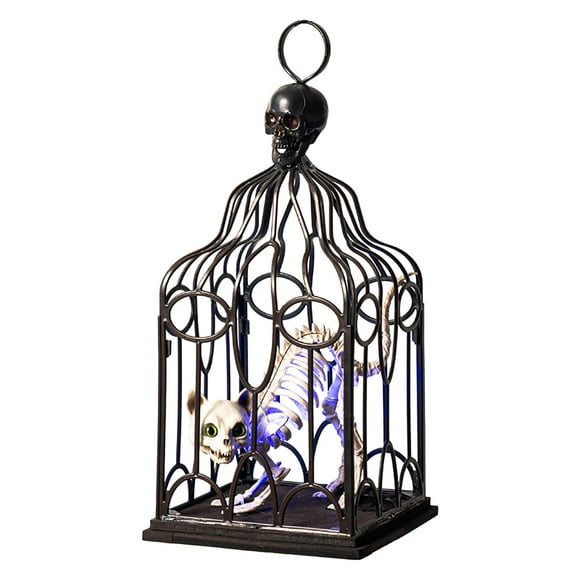 Aihimol Halloween Cage Ornaments,Glowing Cat skeleton In Cage,Atmosphere Props,Decorative Pendants