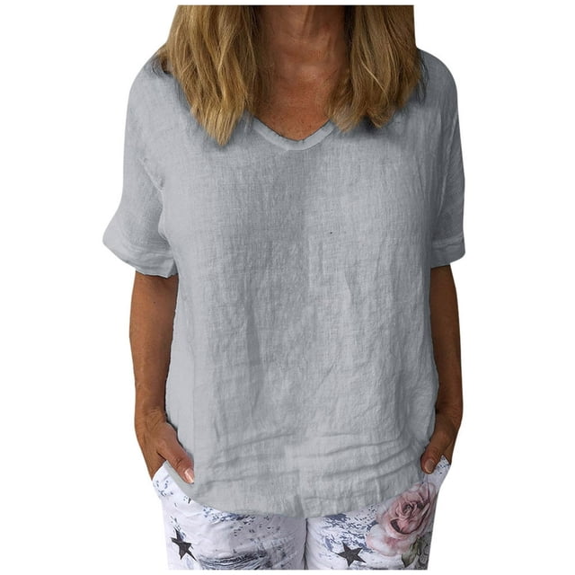 PENGXIANG T-Shirt Décontracté en Coton et Lin Col Rond Manches Courtes Blouse Tops T-Shirt pour Femmes