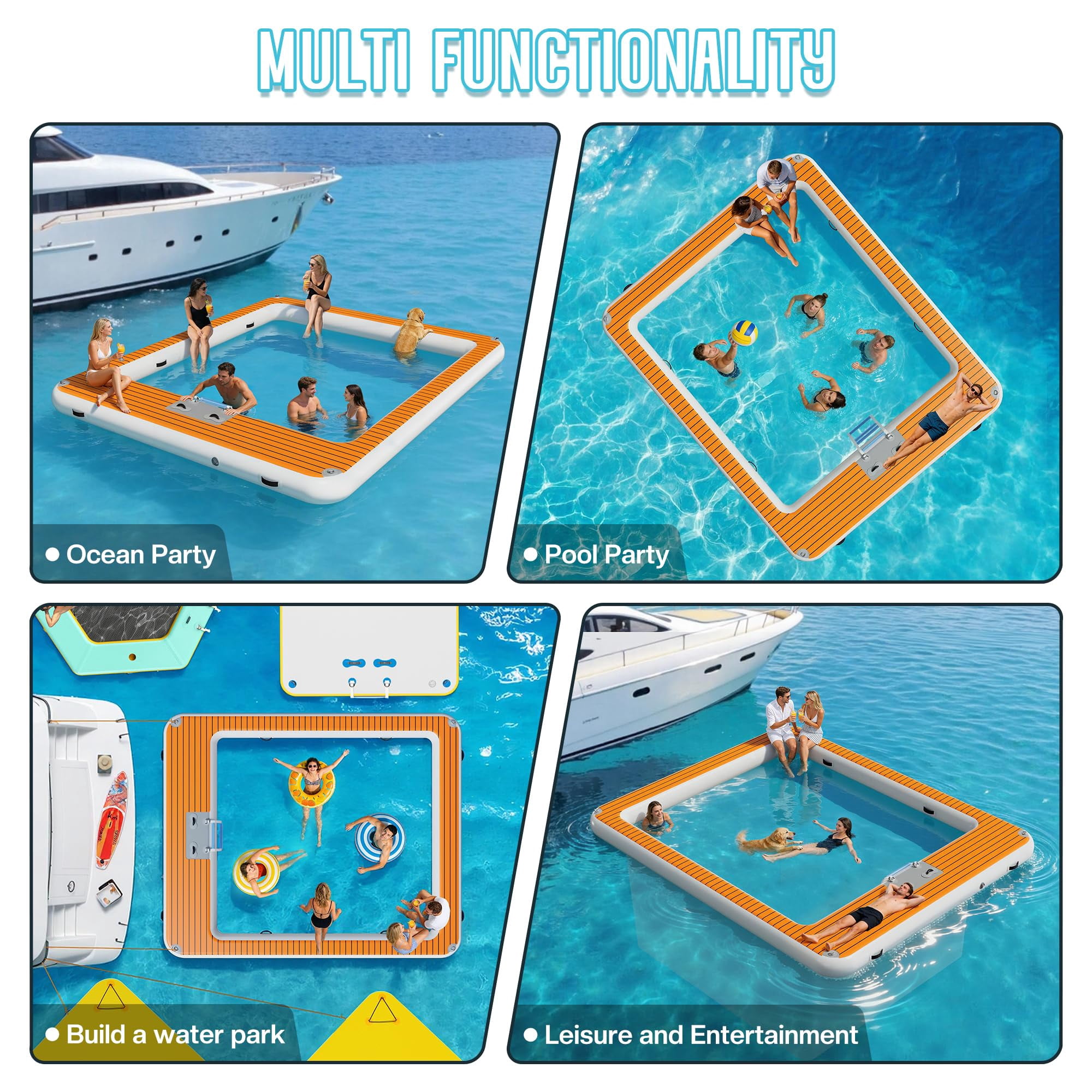 Jocisland 12×10FT Inflatable Sea Pool, Floating Swimming Pool Platform with Safety Net, Modular Swim Air Dock with Electric Air Pump for Ocean Party