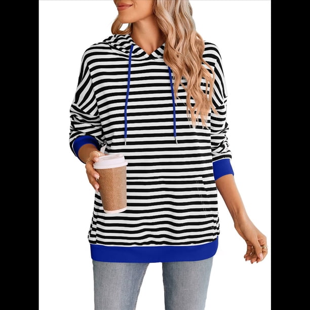 Sudadera con Capucha A Rayas para Mujer, Estilo Adolescente, para Otoño. y Negro M