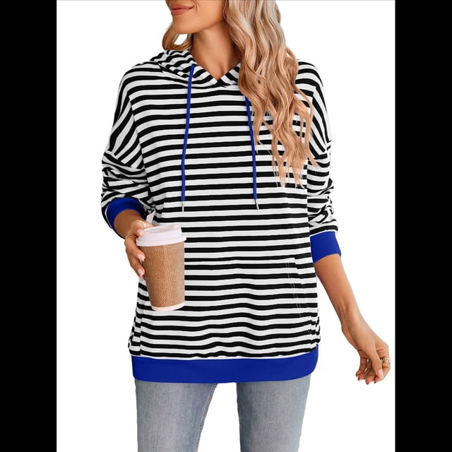 Sudadera con Capucha A Rayas para Mujer, Estilo Adolescente, para Otoño. y Negro L
