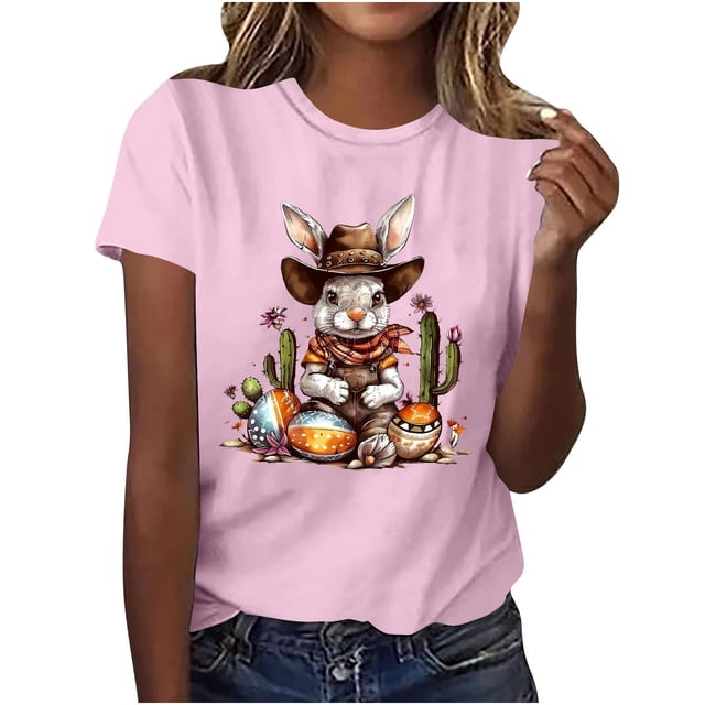 Mujeres de Manga Corta Tops Casual Nuevo Cuello Redondo Pascua, Ligera Camiseta de Poliéster Spandex