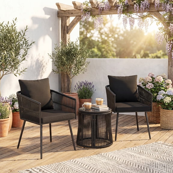 Costway 3-Piece Furniture Set Rattan Conversation Set with Cushions Patio Wicker Chairs & Round Side Table Set