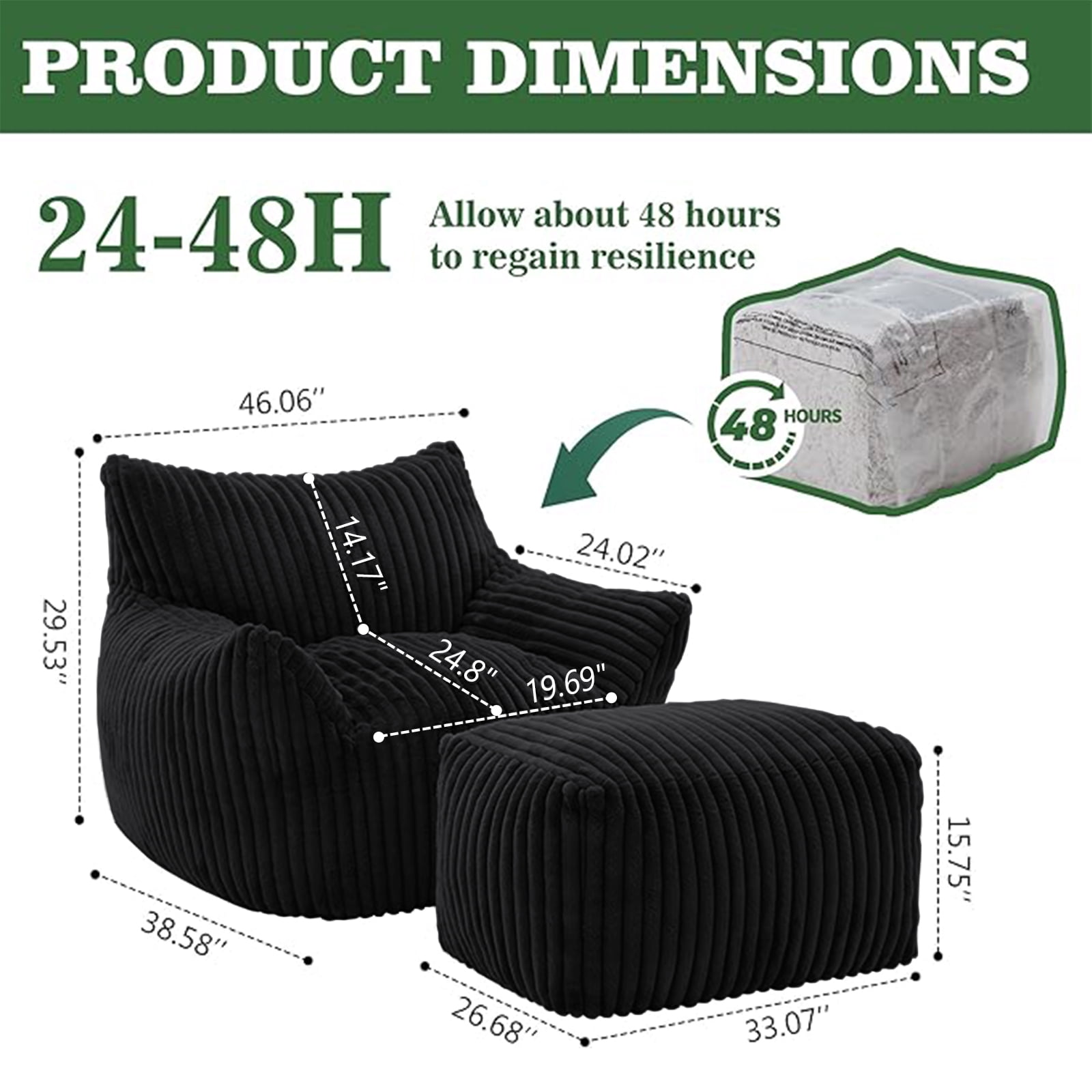 Sofa Chair with Ottoman, 5-Zone Ergonomic Support Suede Chair, High-Rebound Foam and Wide Armrests, Compact Boxed Delivery for Small Apartments, Black