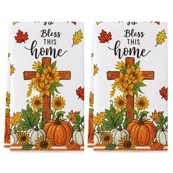 YIBAGA Fall Kitchen Towels Set of 2, Fall Thanksgiving Pumpkin Cross Home Decor, 18x26 inch, Polyester