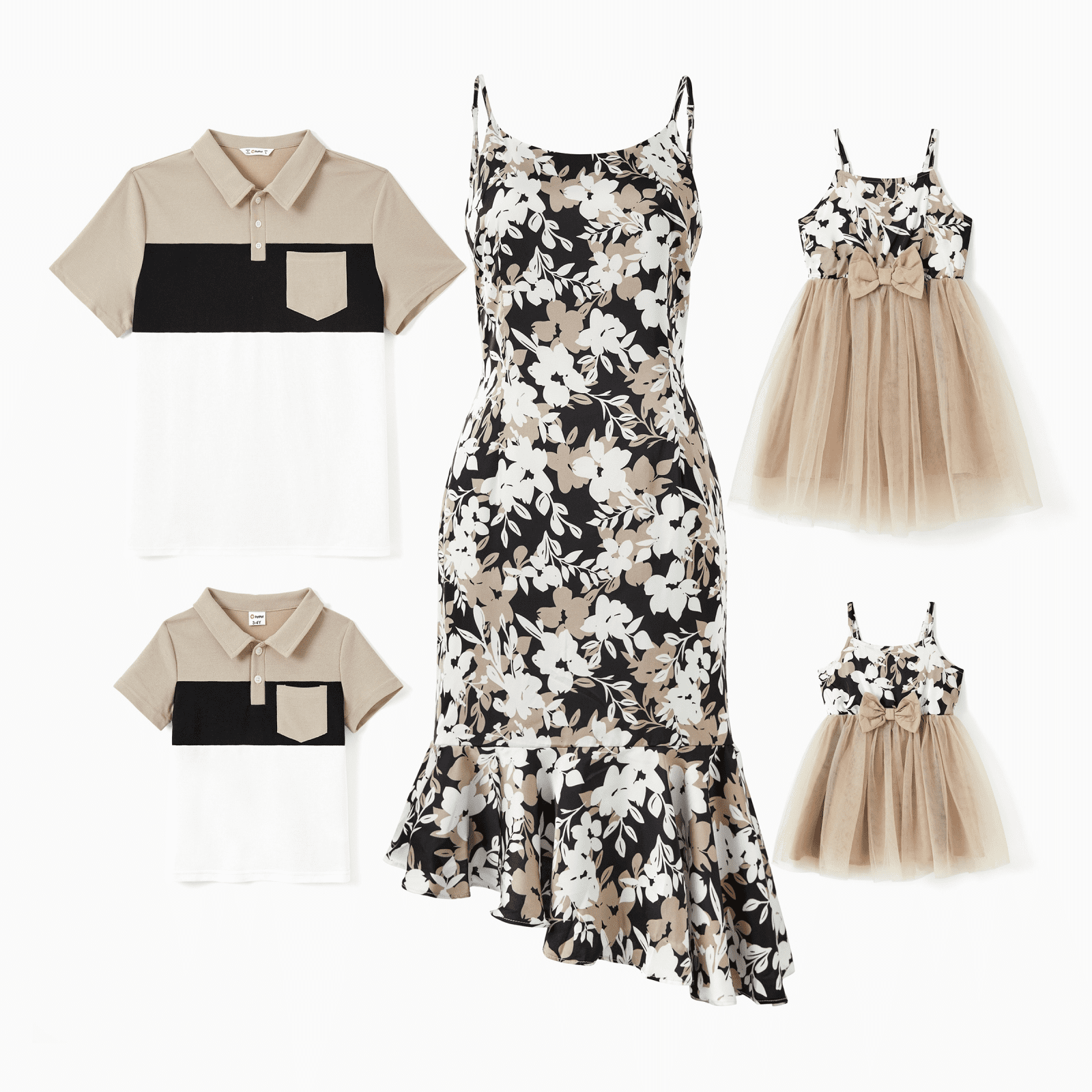 PatPat Family Matching Sets Color Block Shirt or Floral Body-con Asymmetrical Hem/Tulle Strap Dress
