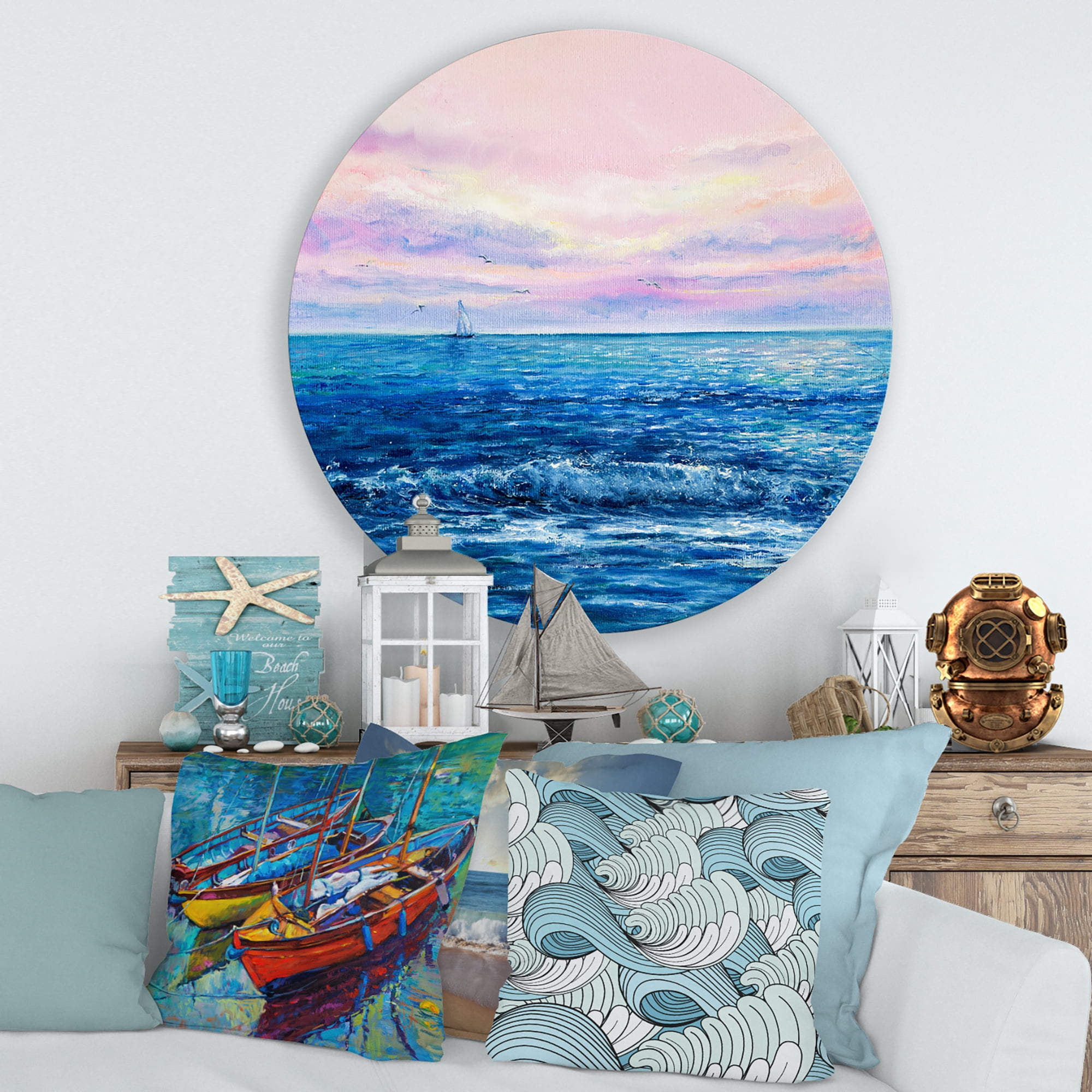 Designart 'Sunrise Glow On The Ocean Waves II' Nautical & Coastal Circle Metal Wall Art 36x36 - Disc of 36