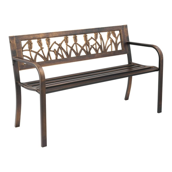 VEVOR Outdoor Bench, 50 inch, Carbon Steel Metal Frame with PVC Floral Pattern Backrest and Round Edge Armrests, Weatherproof Outside Bench for Patio, Garden, Park, Yard, Front Porch, Antique Bronze