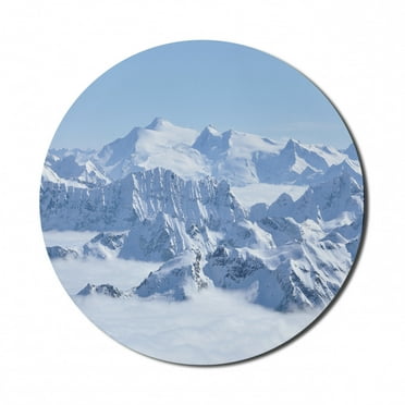 Mountain Mouse Pad for Computers, Snowy Summit of Alps over the Clouds Scenery at Winter Wilderness in the Nature, Round Non-Slip Thick Rubber Modern Mousepad, 8" Round, White Blue, by Ambesonne